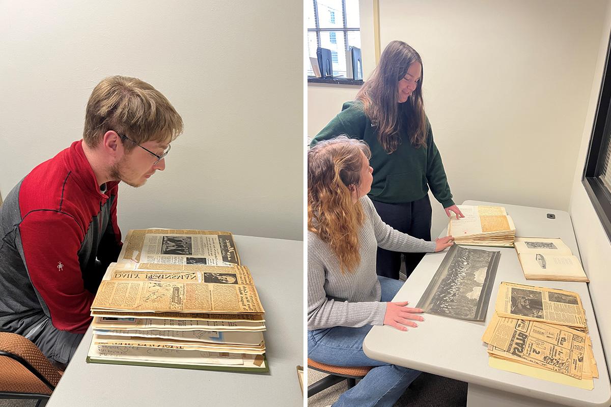 Students using library archives